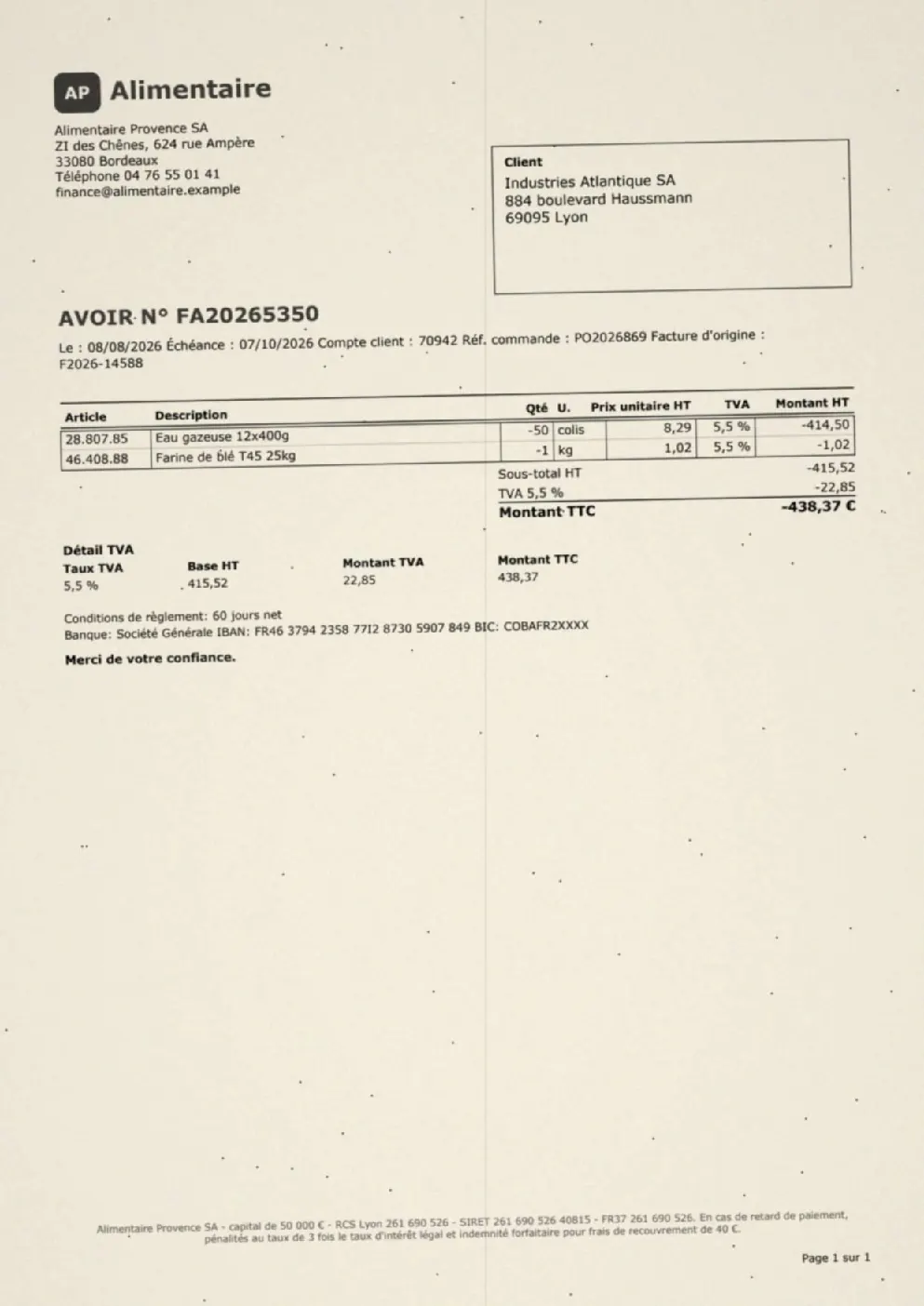 First page of A French credit note