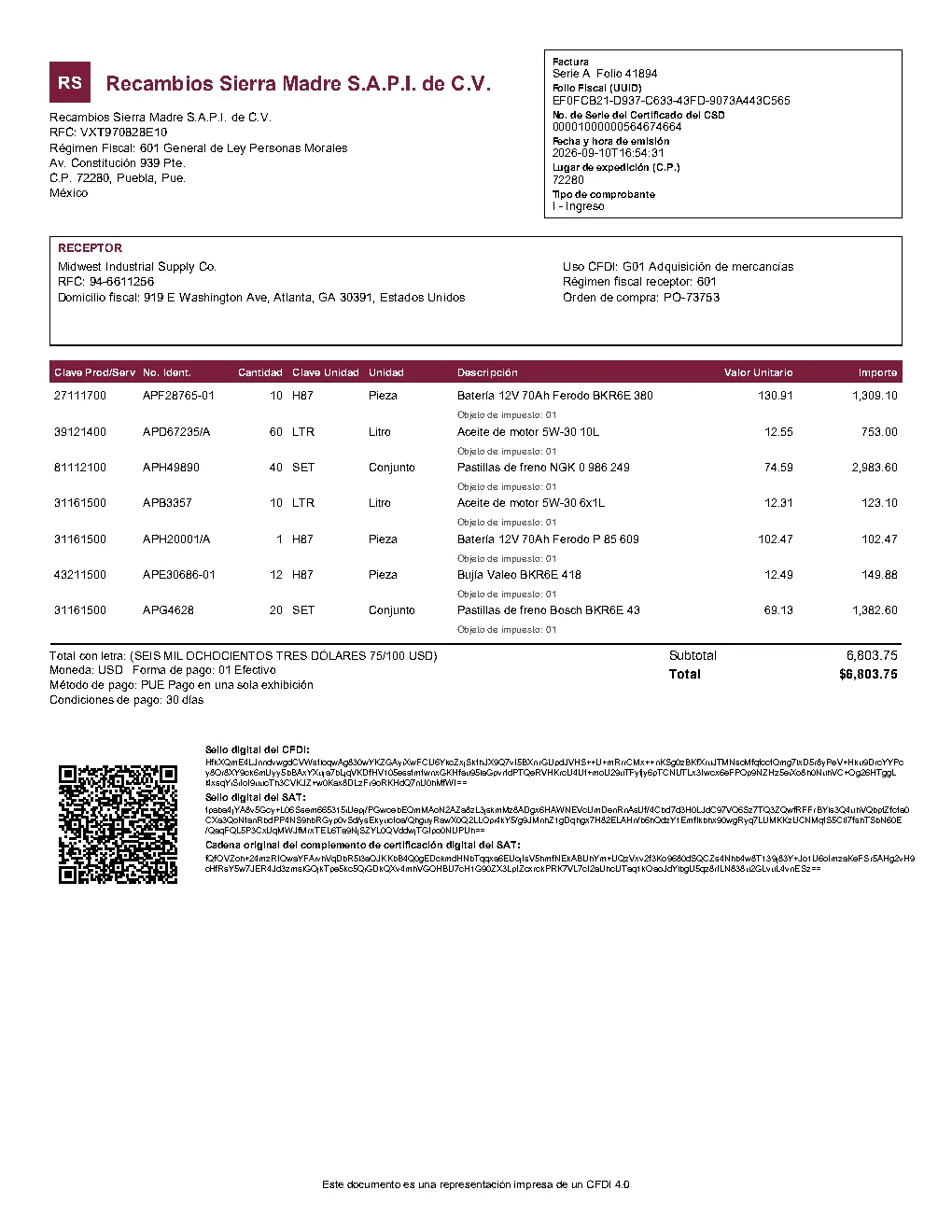 First page of Mexican CFDI to a US buyer